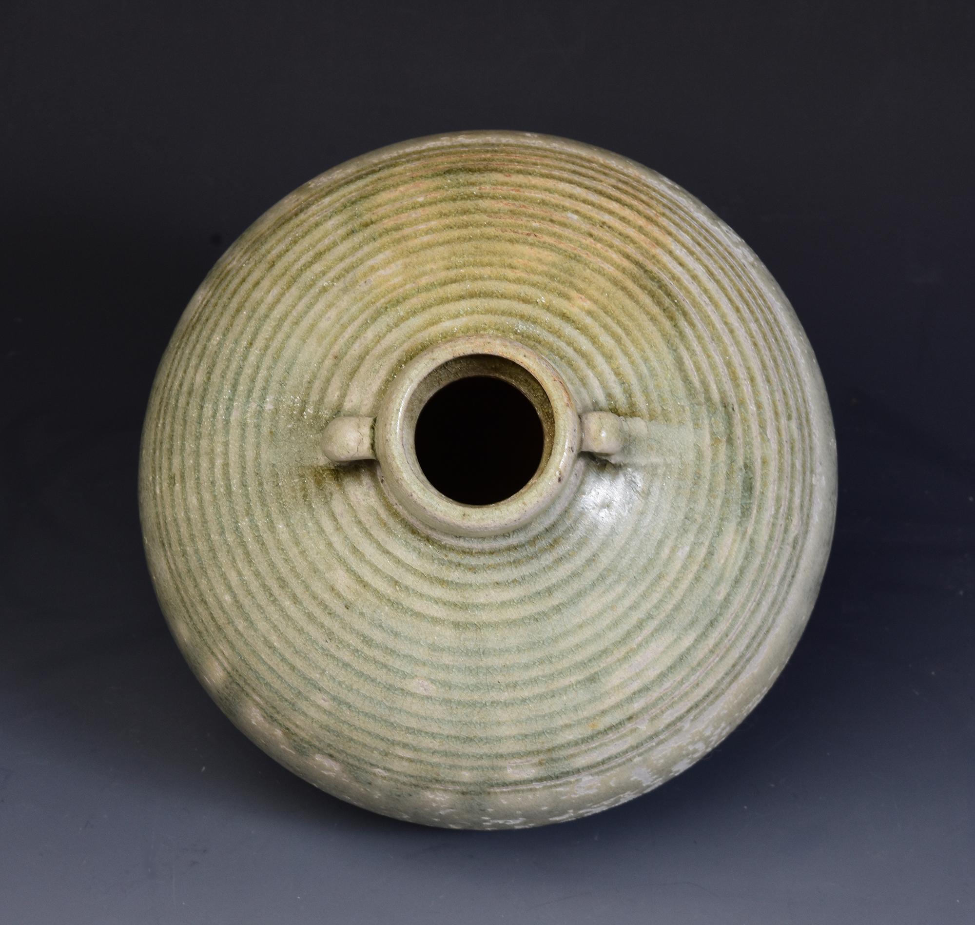 14th-16th Century, Antique Thai Sukhothai Celadon Glazed Pottery Bottle 10
