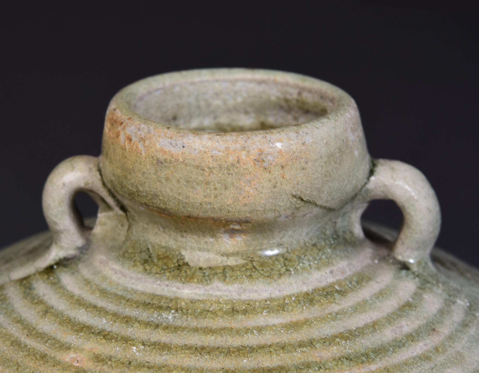 18th Century and Earlier 14th-16th Century, Antique Thai Sukhothai Celadon Glazed Pottery Bottle