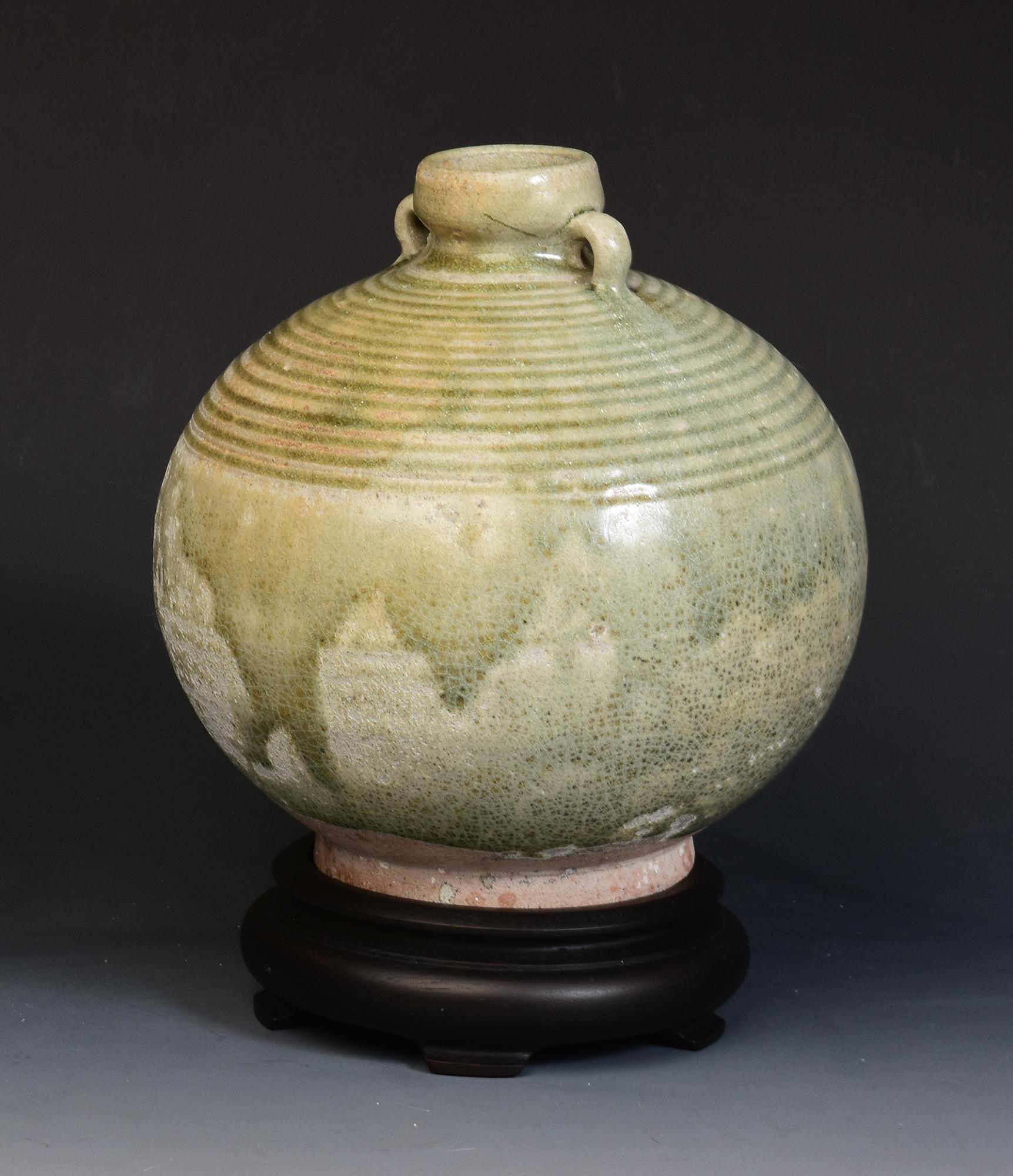 14th-16th Century, Antique Thai Sukhothai Celadon Glazed Pottery Bottle 3