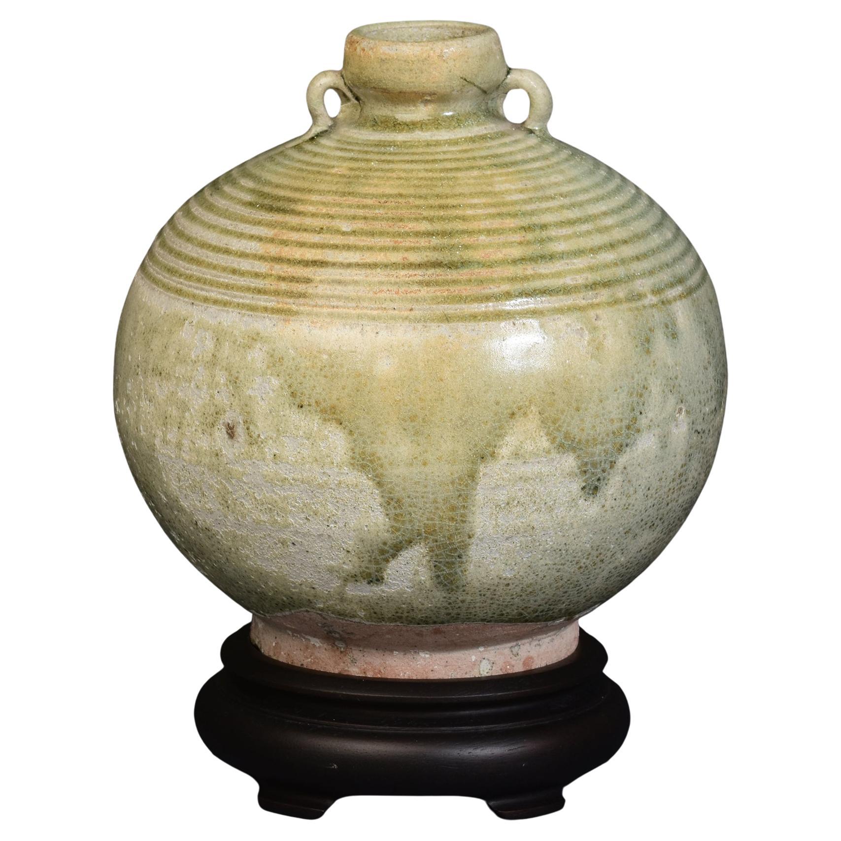 14th-16th Century, Antique Thai Sukhothai Celadon Glazed Pottery Bottle