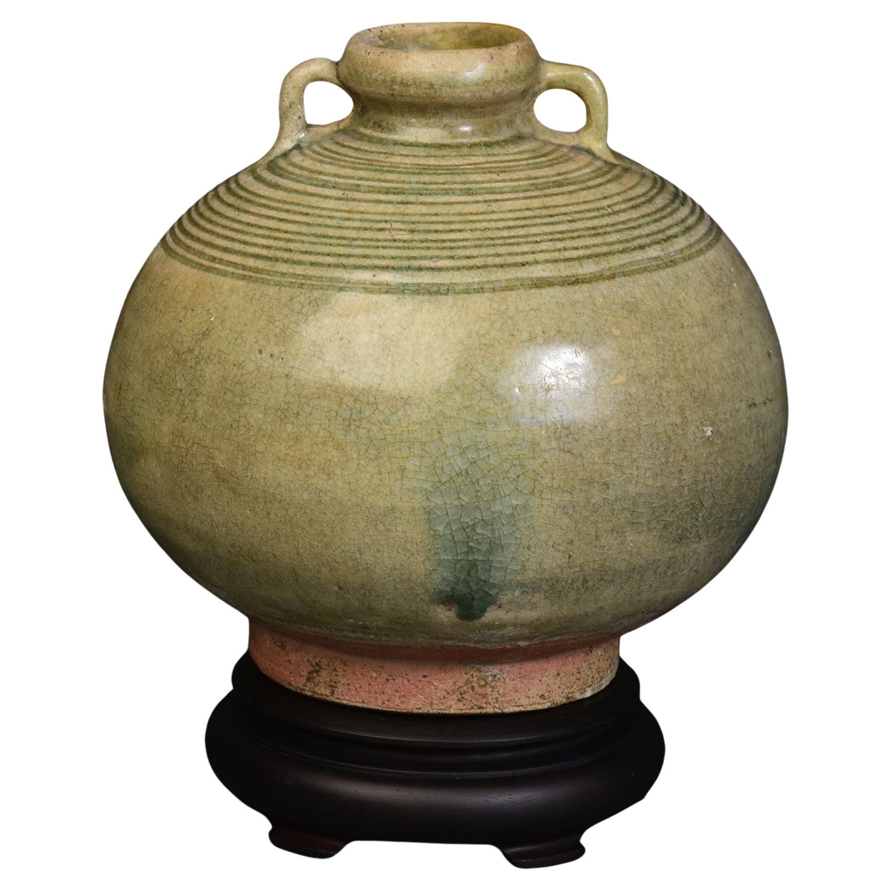 14th-16th Century, Antique Thai Sukhothai Celadon Glazed Pottery Bottle