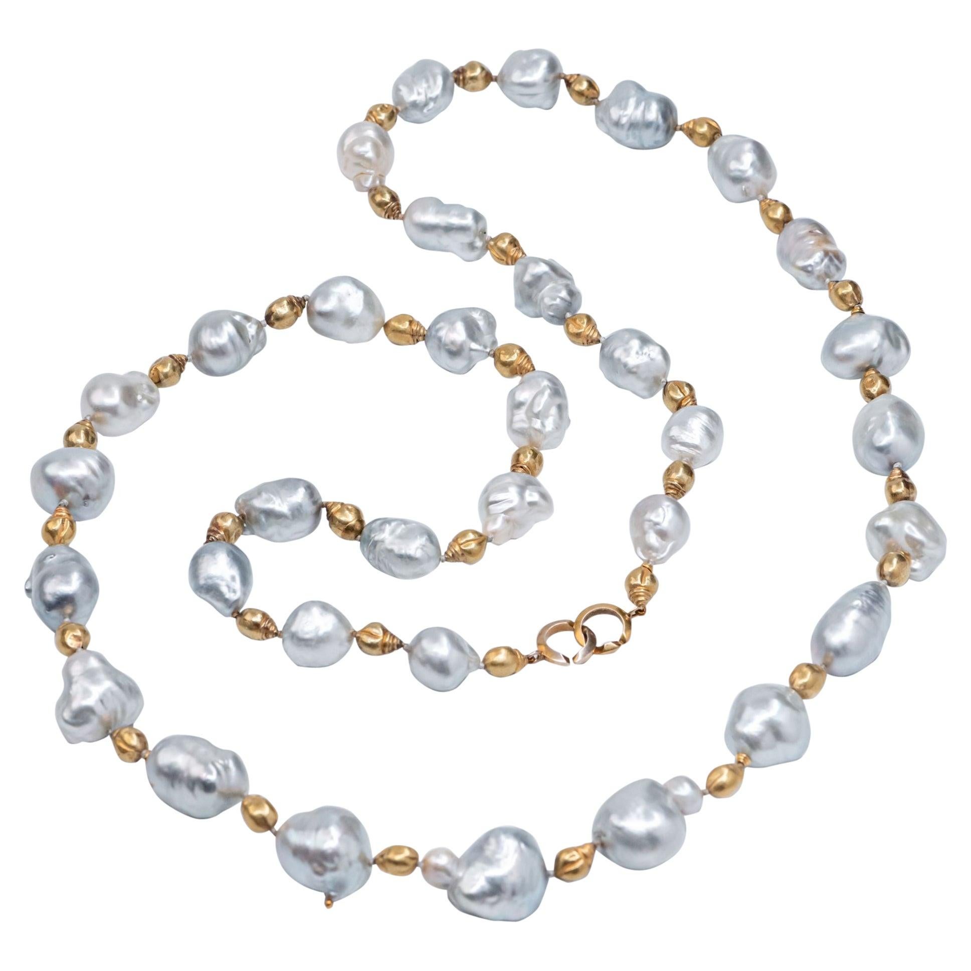 14 Century Gold Beads Oversized Blueish Baroque South Sea Pearls Beaded Necklace For Sale