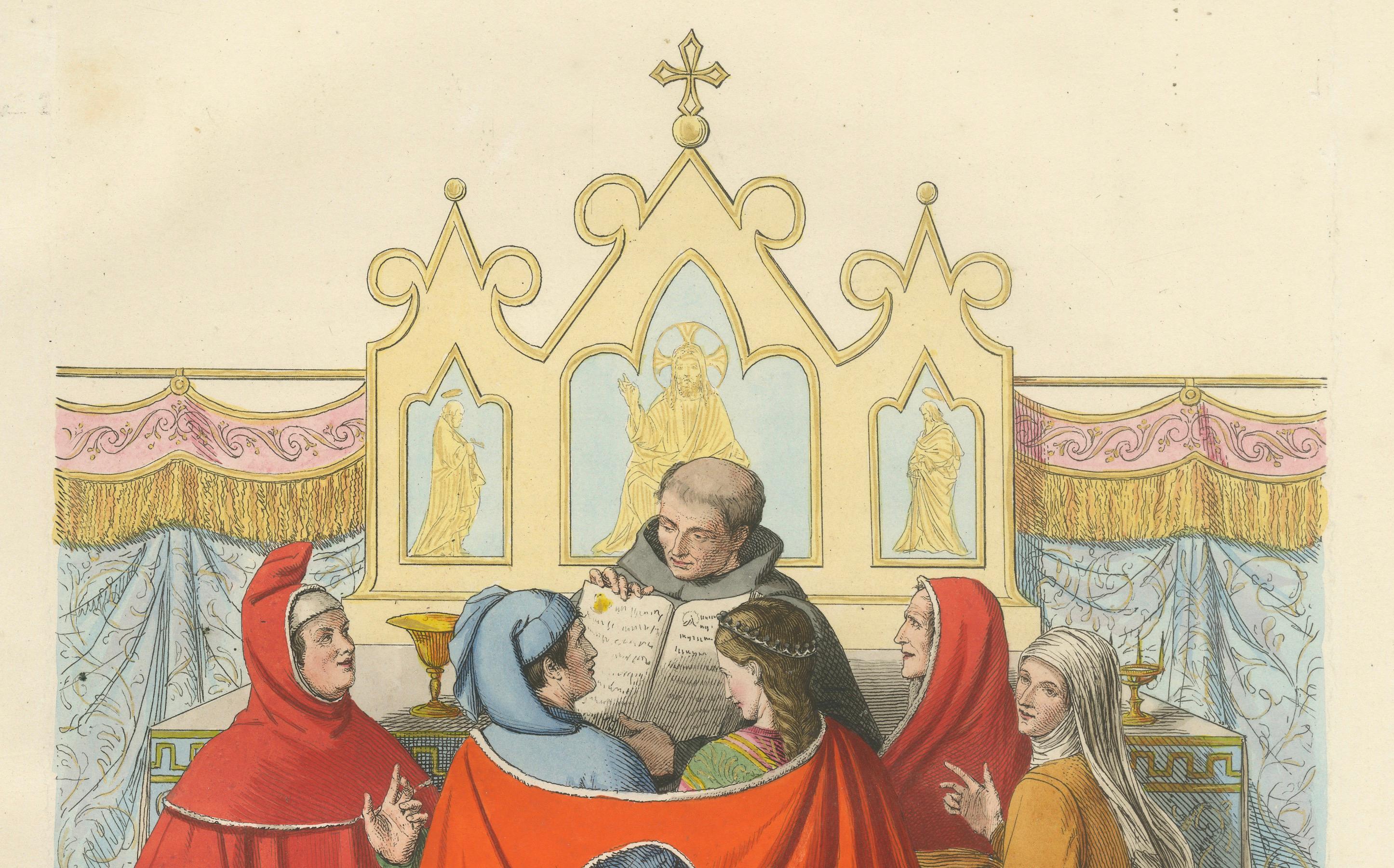 Titel: Mittelalterliche italienische Hochzeitszeremonie mit Klerus und Adel, 1845

Dieser exquisite handkolorierte Stich, der 1845 in der renommierten Serie Costumes Historiques des XIIIe, XIVe et XVe Siècles veröffentlicht wurde, zeigt eine
