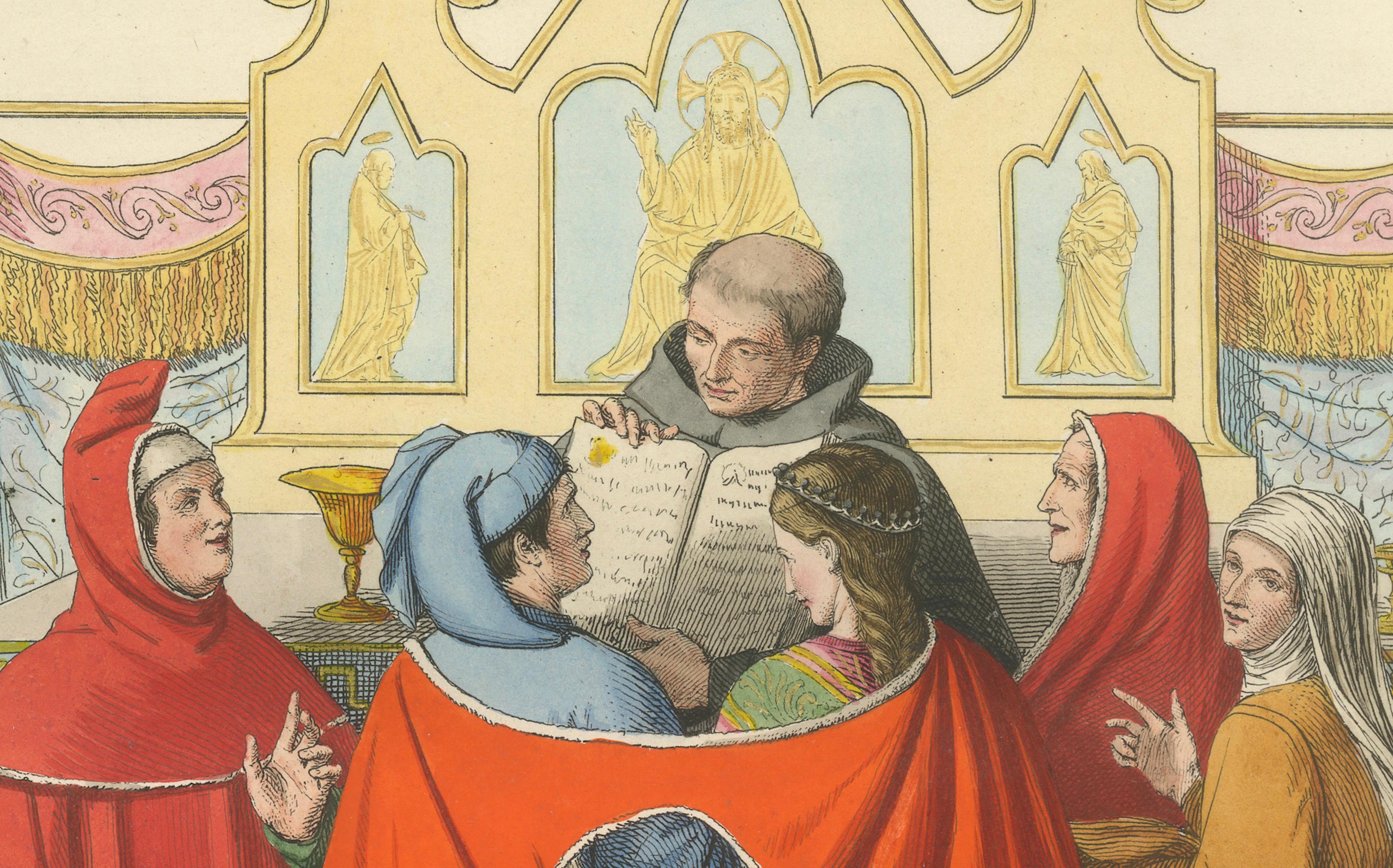 Italienische Hochzeit im 14. Jahrhundert - Klerus und Adel in antikem Druck, 1845 (Graviert) im Angebot