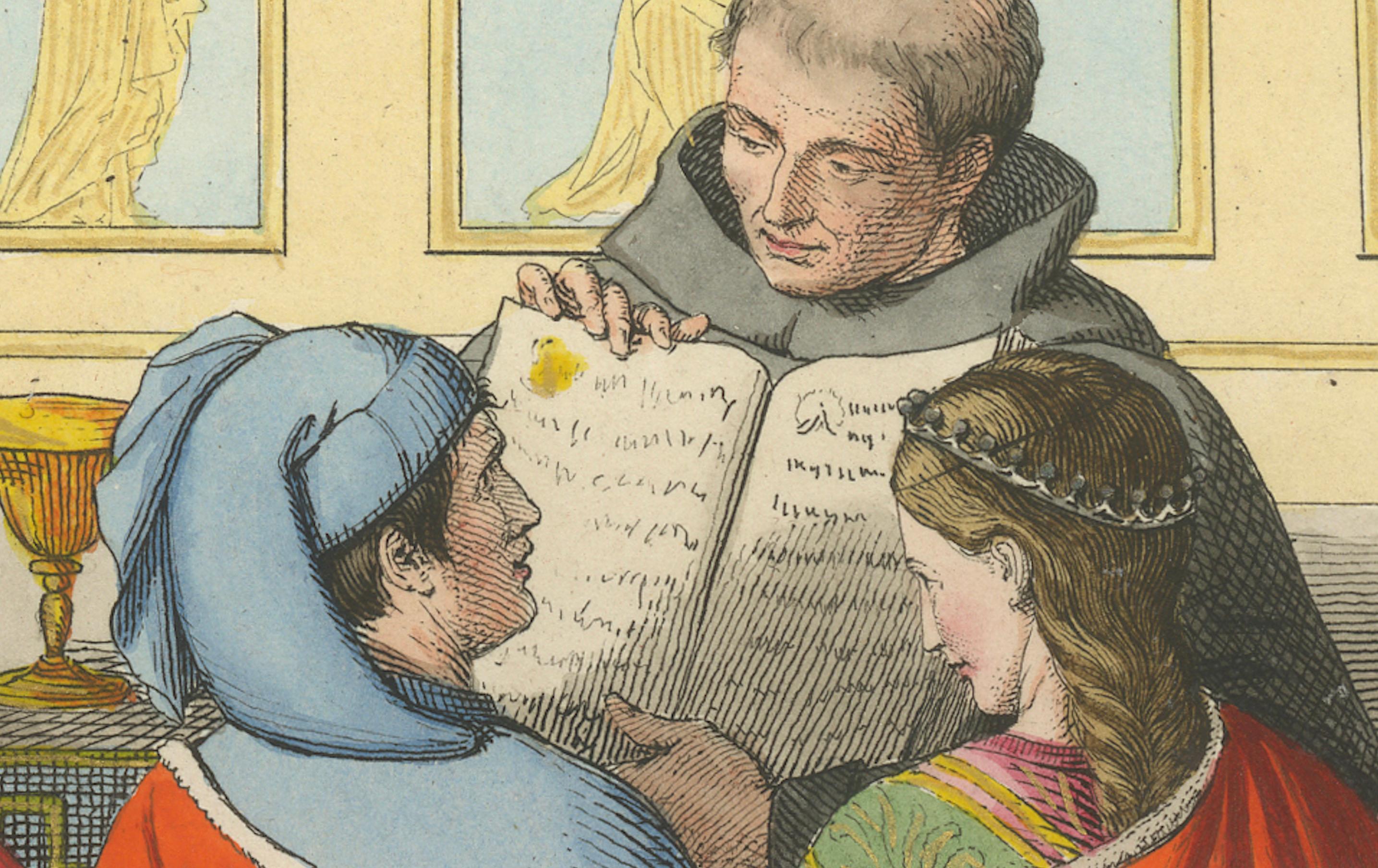 Italienische Hochzeit im 14. Jahrhundert - Klerus und Adel in antikem Druck, 1845 im Zustand „Gut“ im Angebot in Langweer, NL