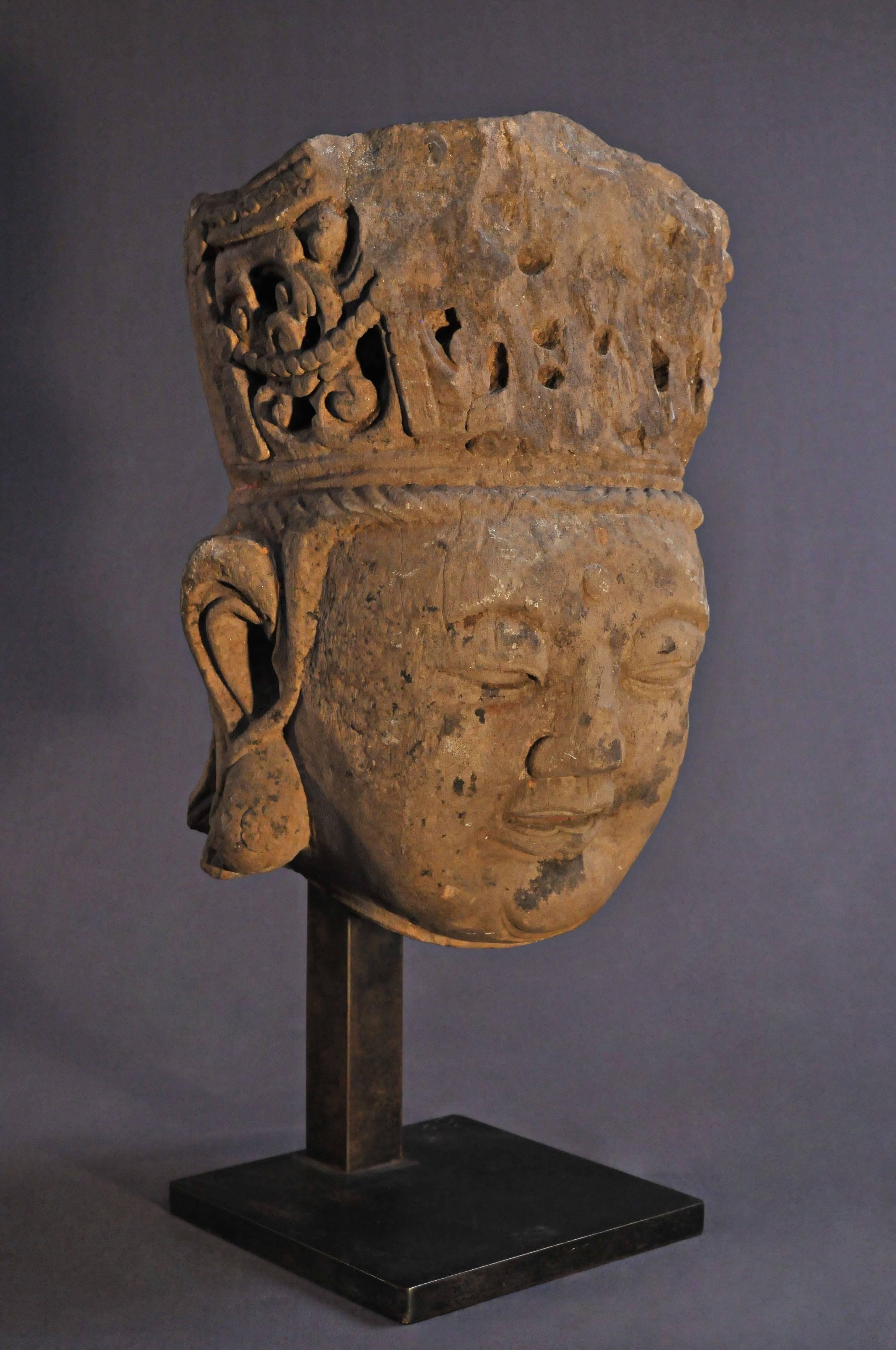 Hand-Carved 14th Century, Stone Bodhisattva Head, Ming Dynasty, Art of China For Sale