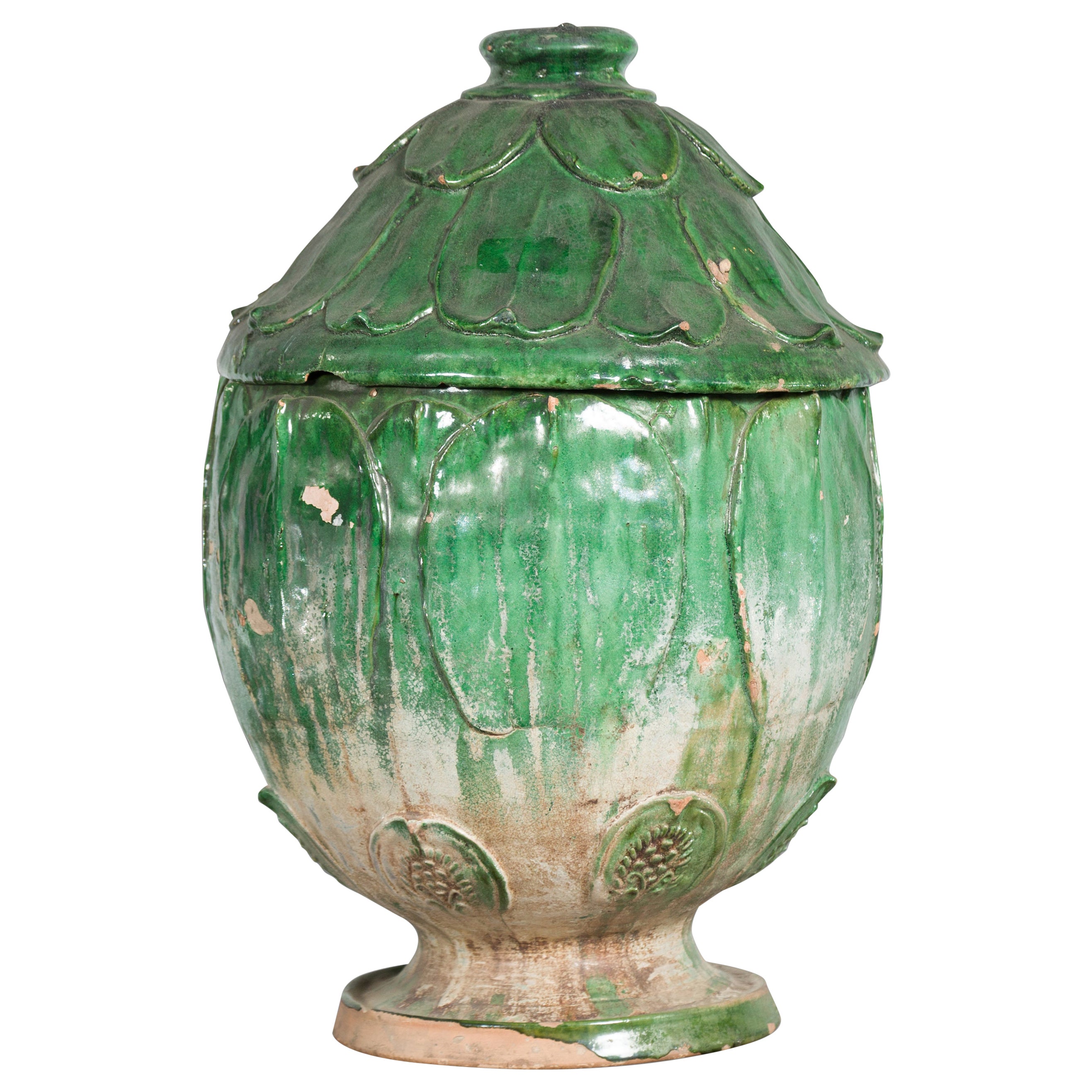 14th Century Yuan Dynasty leaf-green glazed lotus burial jar