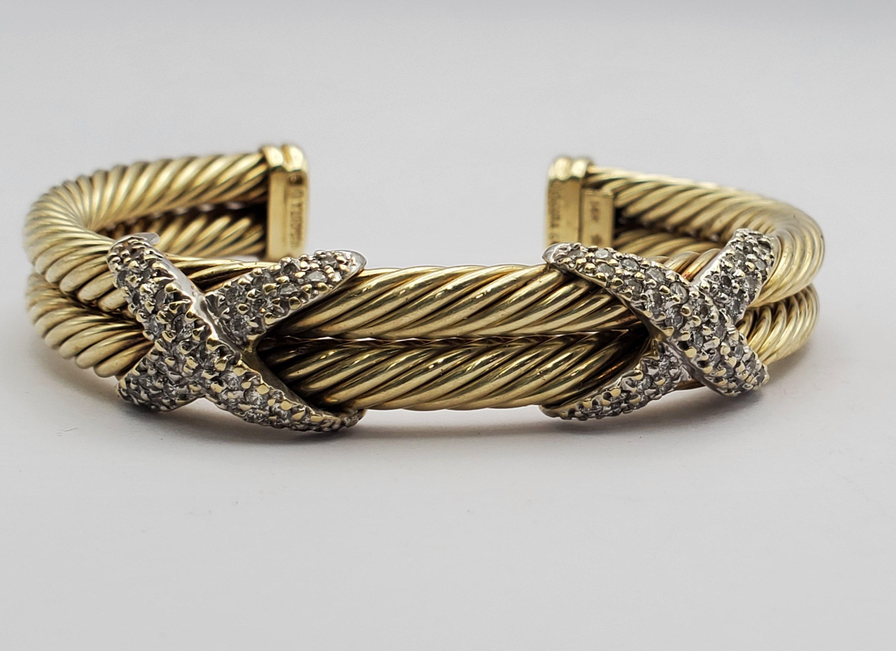 Gorgeous 14k white and yellow gold double strand cable style cuff bracelet with two round diamond pave  