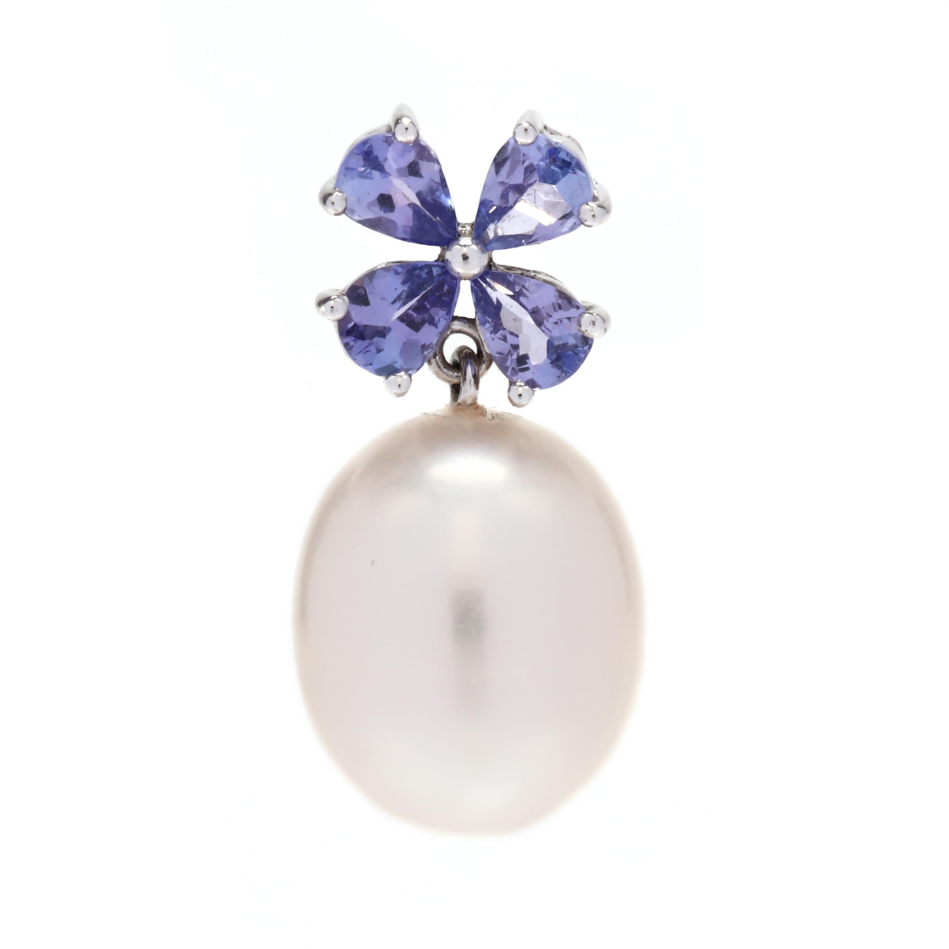 Oval Cut 14W Sapphire & Pearl Dangle Earrings