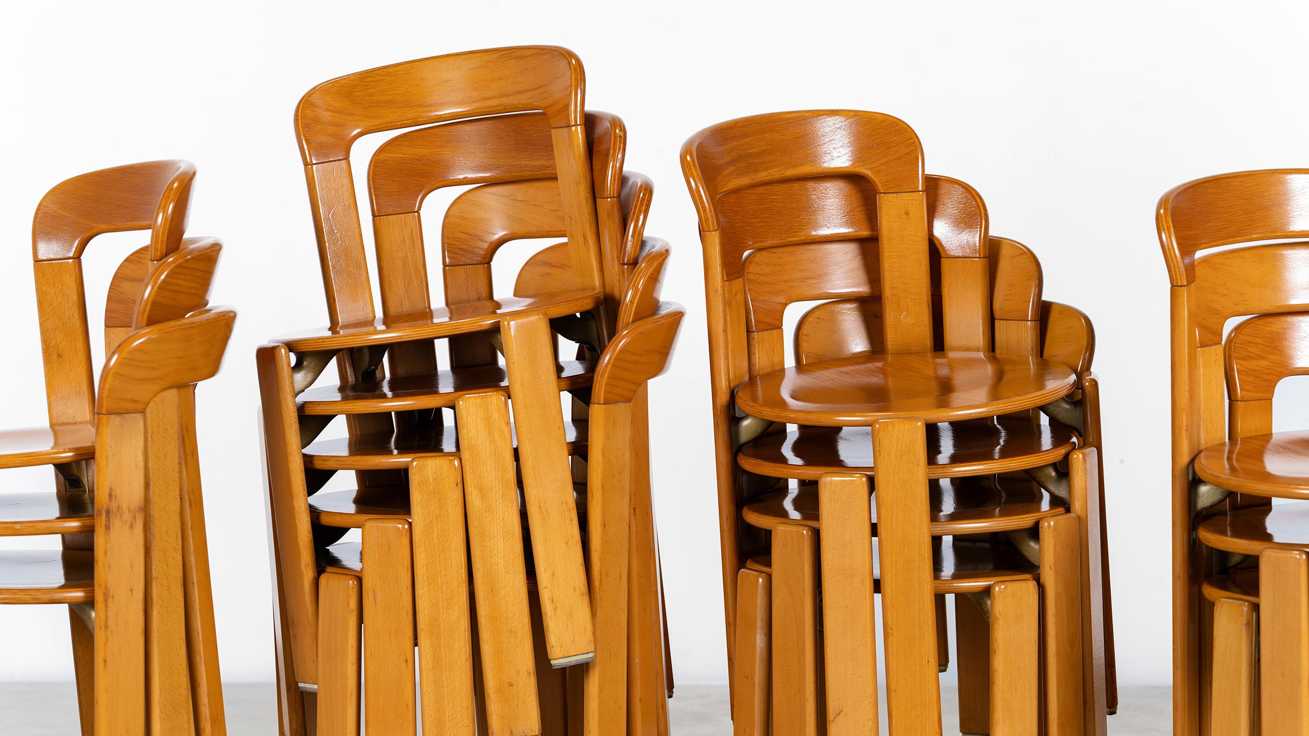 Mid-Century Modern 14x Bruno Rey Chaise de salle à manger iconique de Kusch+Co en 1971 Hêtre massif + Empilable en vente