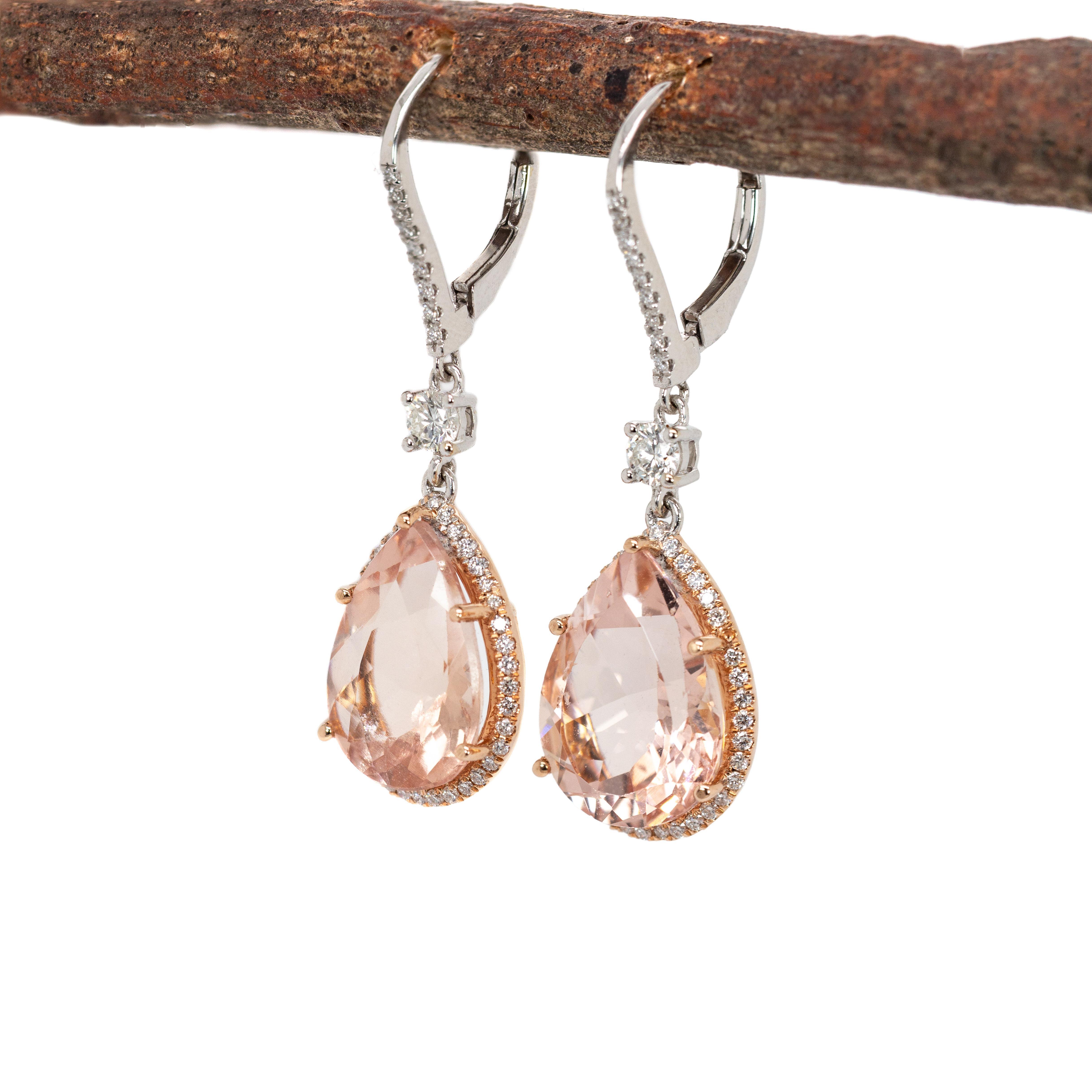 Dripping elegance—these 10.03ct pear-shaped Peach morganite dangle earrings dazzle with a halo of earth-mined diamonds in solid 14k white gold. Finished with lever backs for graceful swing and secure sparkle.

