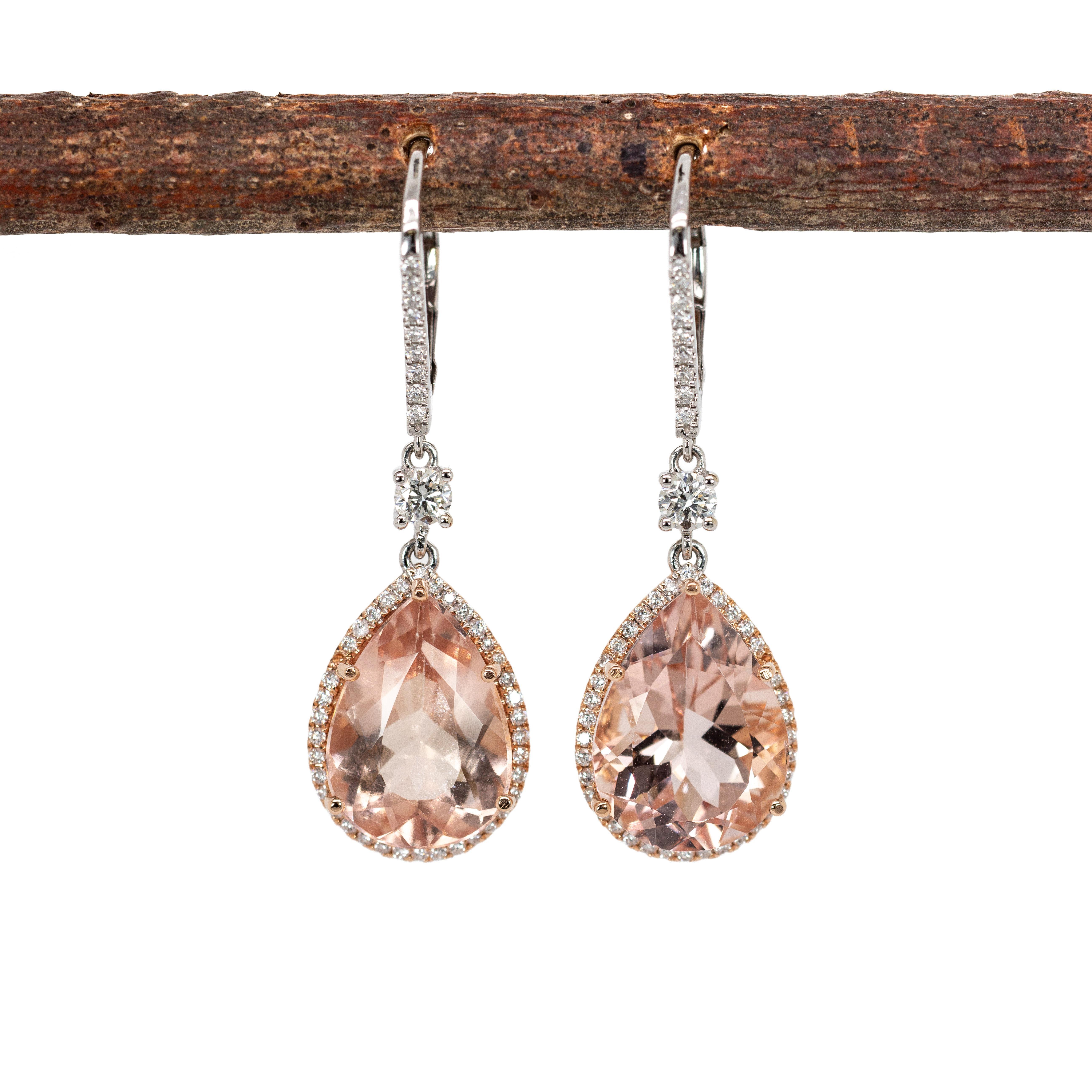 Taille poire 14x10mm, 10cts - Boucles d'oreilles Morgane pêche avec diamants naturels en or massif 14K en vente