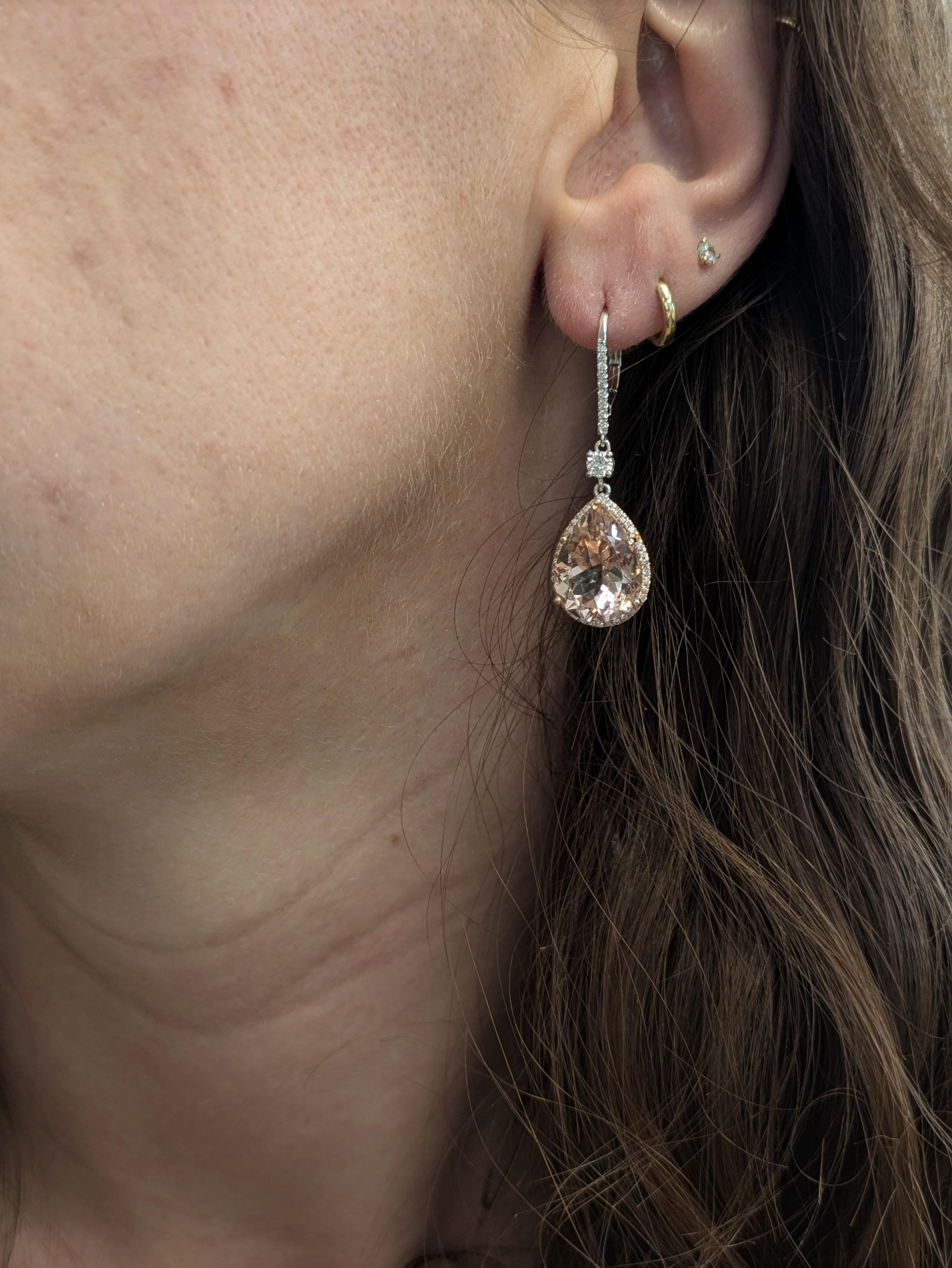 14x10mm, 10cts - Boucles d'oreilles Morgane pêche avec diamants naturels en or massif 14K en vente 1