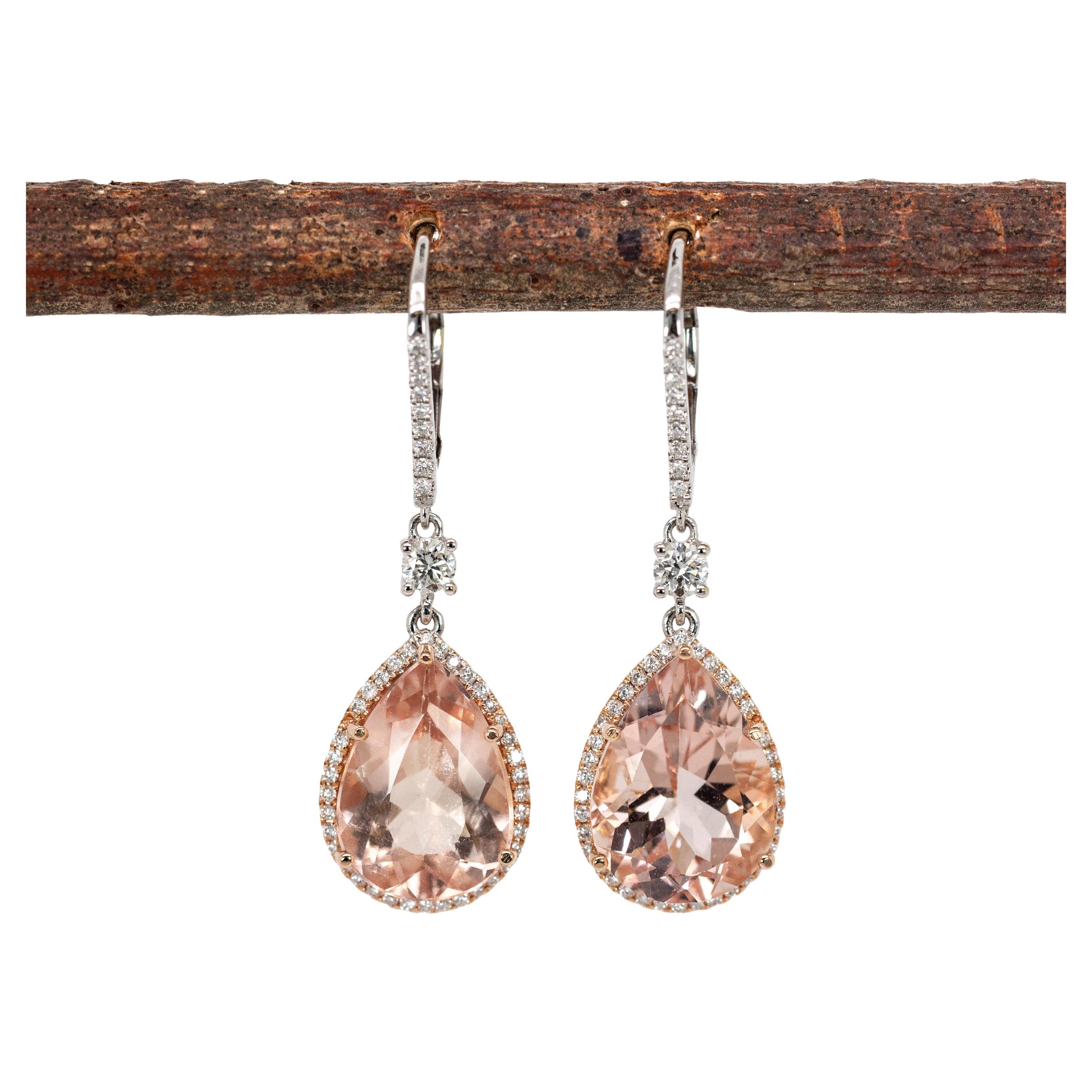 14x10mm, 10cts - Peach Morganite Earrings w Natural Diamonds in Solid 14K Gold