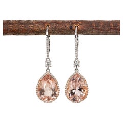 14x10mm, 10cts - Peach Morganite Earrings w Natural Diamonds in Solid 14K Gold