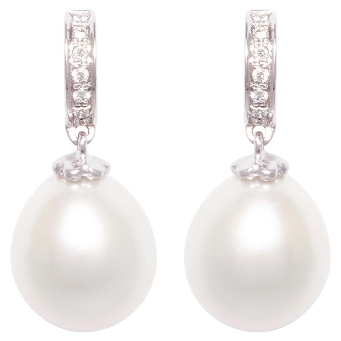 14x12mm South Sea Pearl Diamond Hoop Drop Earrings Design by Ella Gafter