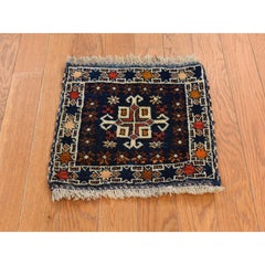 1'4"x1'4" Blue Antique Qashqai Bag Face Hand Knotted Wool Mat Square Rug