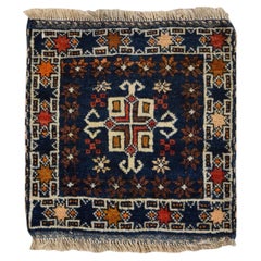 1'4"x1'4" Blue Antique Qashqai Bag Face Hand Knotted Wool Mat Square Rug