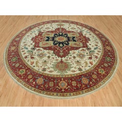 Tappeto rotondo in lana annodato a mano, riproduzione Heriz in stile antico, bianco chiffon, 14'x14'