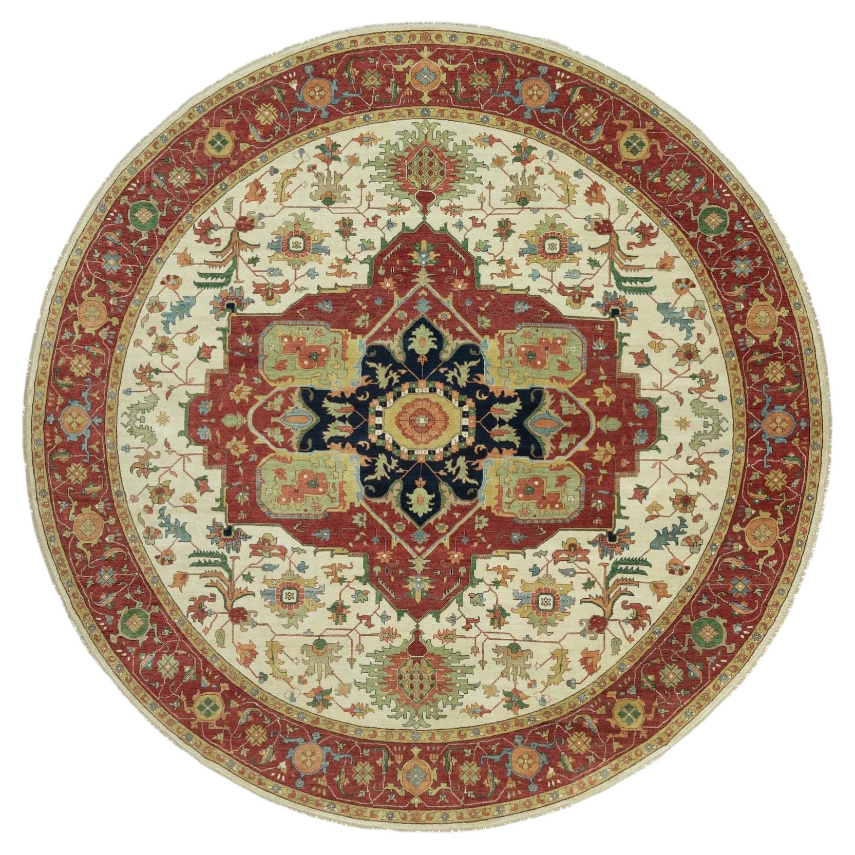 14'x14' Chiffon White Antiqued Heriz Re-Creation Hand Knotted Wool Round Rug