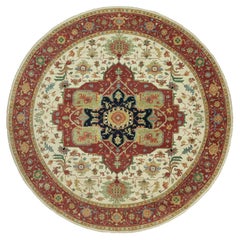 Tappeto rotondo in lana annodato a mano, riproduzione Heriz in stile antico, bianco chiffon, 14'x14'