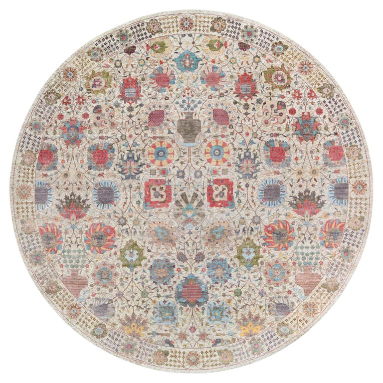 14'x14' Bunte Tabriz Vase Seide mit Wolle Hand geknüpft Runde Teppich im Angebot bei 1stDibs Deutschland