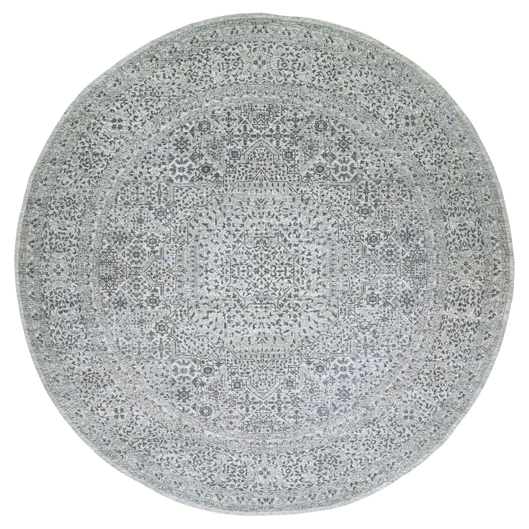 Tapis rond en coton blanc Mamluk non teint et 100 % laine noué à la main 14'x14' en vente
