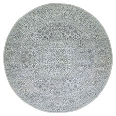 14'x14' Cotton Ball White Mamluke Design Undyed 100% Wool Hand Knotted Round Rugs (Tappeto rotondo annodato a mano)