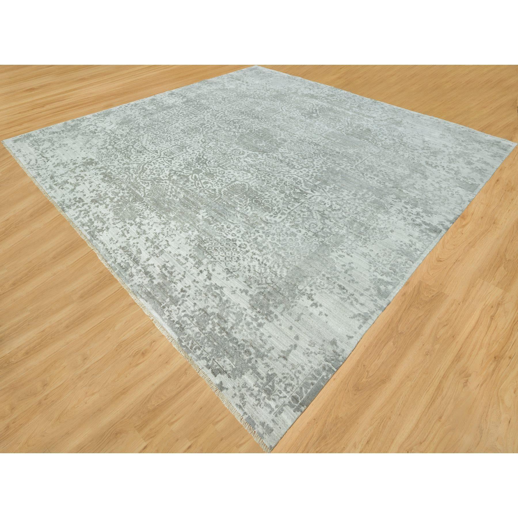 14'x14' Alfombra cuadrada gris anudada a mano con diseño persa de lana y seda rotas Indio en venta