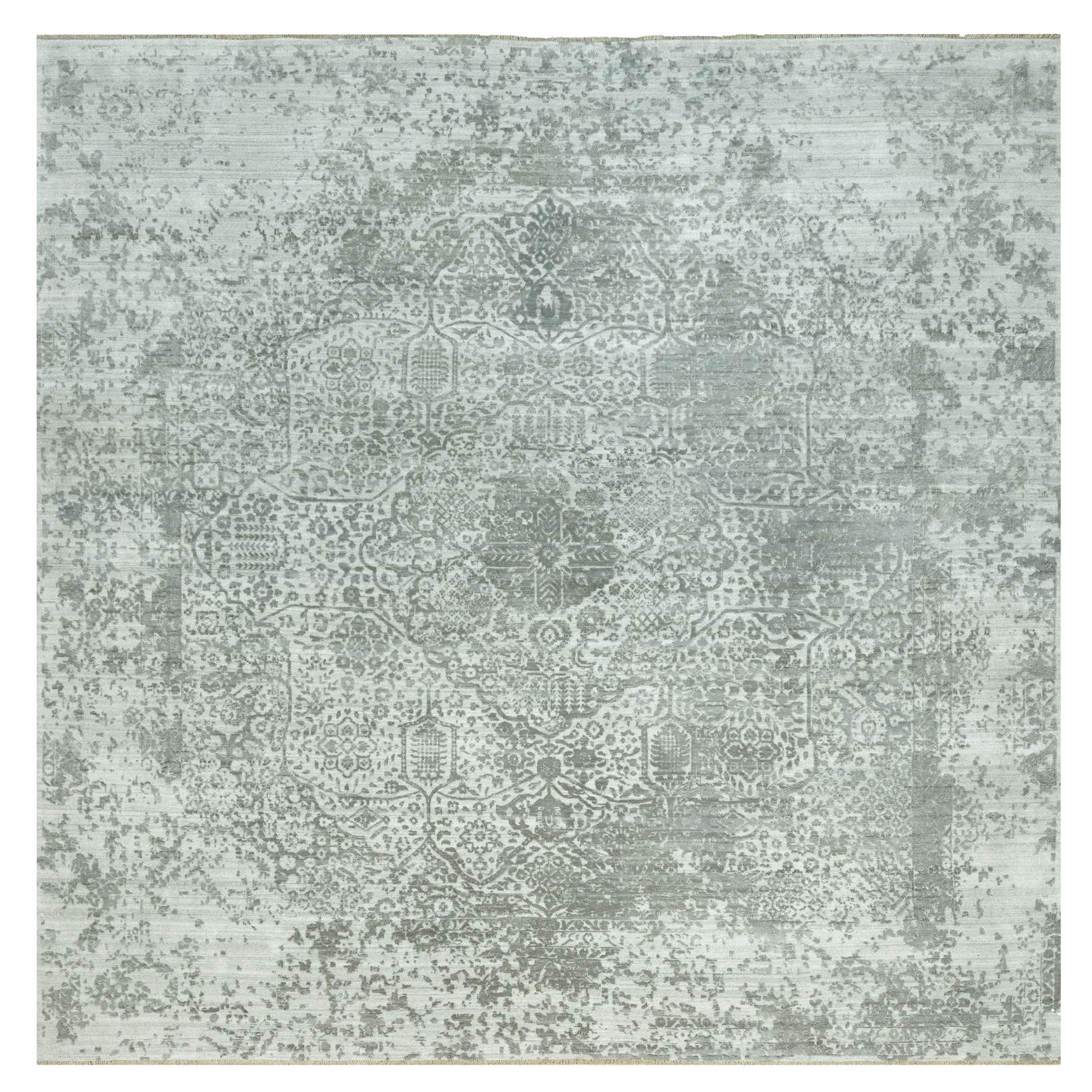 14'x14' Alfombra cuadrada gris anudada a mano con diseño persa de lana y seda rotas