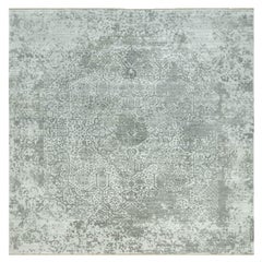 14'x14' Alfombra cuadrada gris anudada a mano con diseño persa de lana y seda rotas