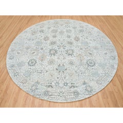 14'x14' Ivory, Tabriz Vase Design, Silk With Wool Hand Knotted Round Rug
