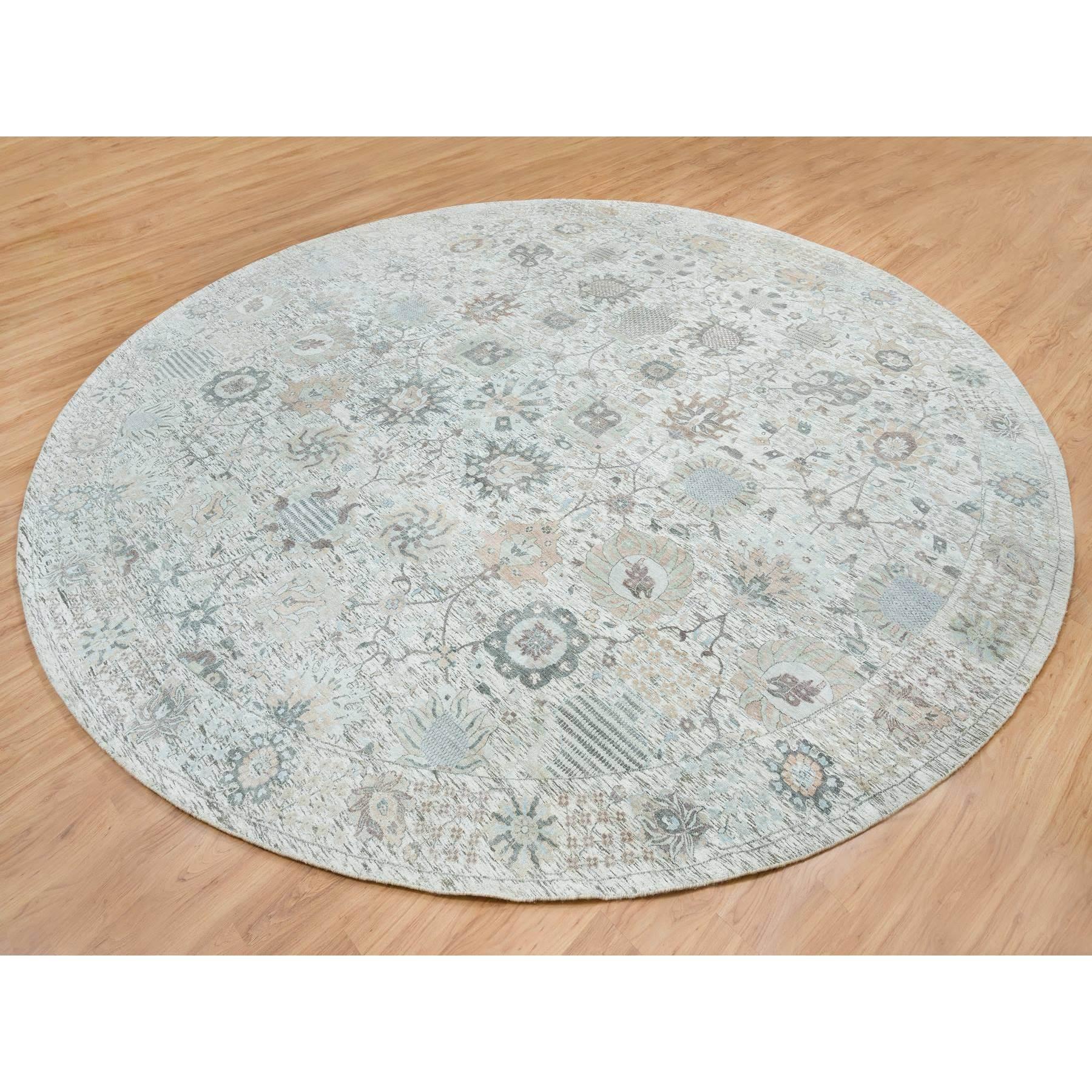 Indiano 14'x14' Avorio, Tabriz Vase Design, Tappeto rotondo annodato a mano in seta e lana in vendita