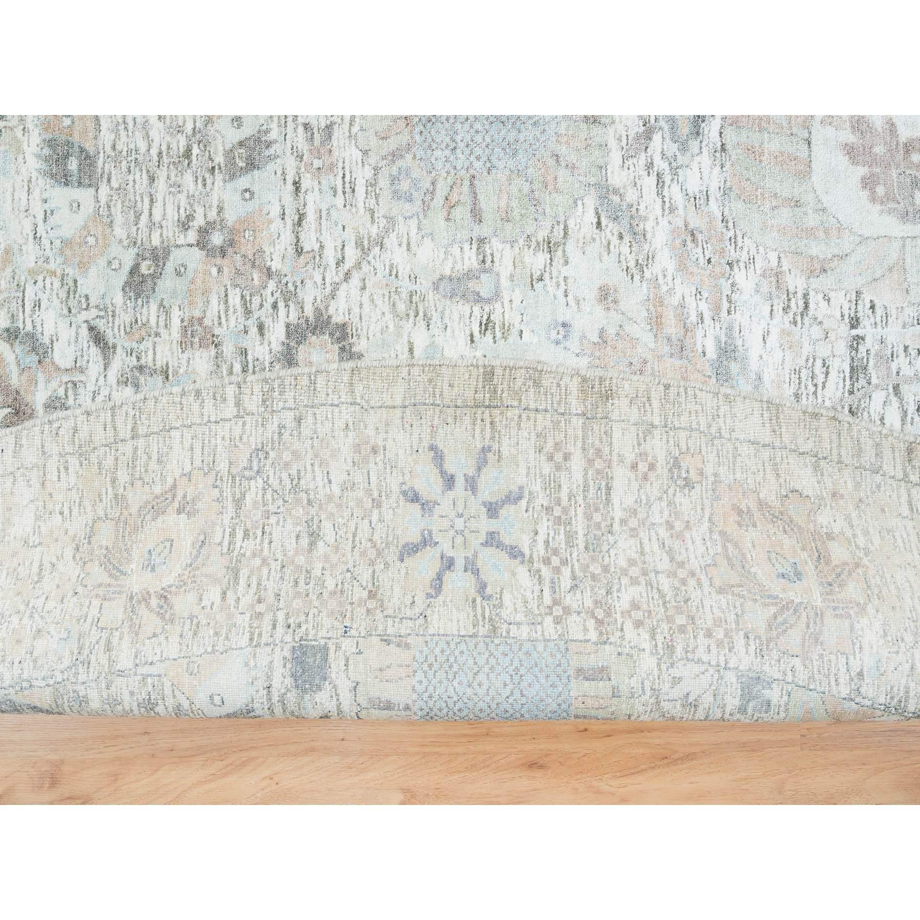 Annodato a mano 14'x14' Avorio, Tabriz Vase Design, Tappeto rotondo annodato a mano in seta e lana in vendita
