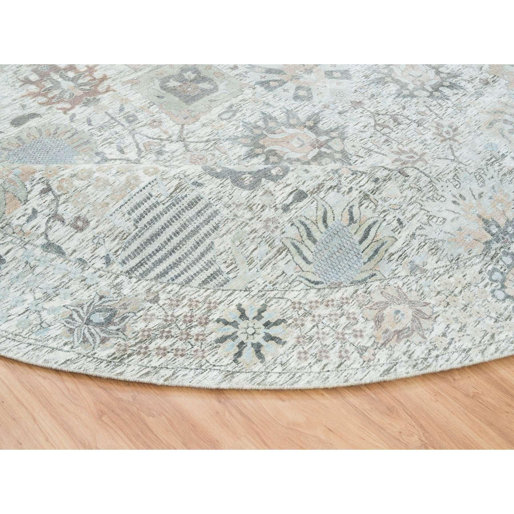 XXI secolo e contemporaneo 14'x14' Avorio, Tabriz Vase Design, Tappeto rotondo annodato a mano in seta e lana in vendita