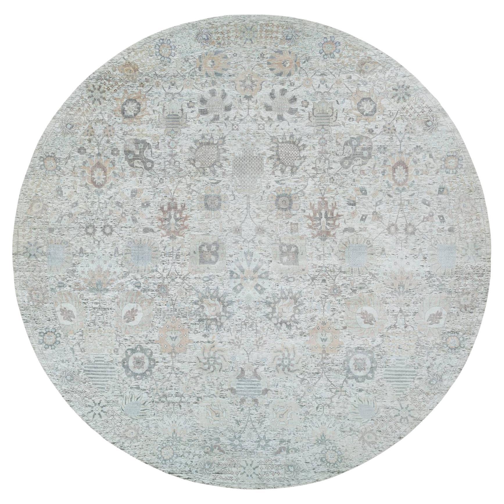 14'x14' Avorio, Tabriz Vase Design, Tappeto rotondo annodato a mano in seta e lana