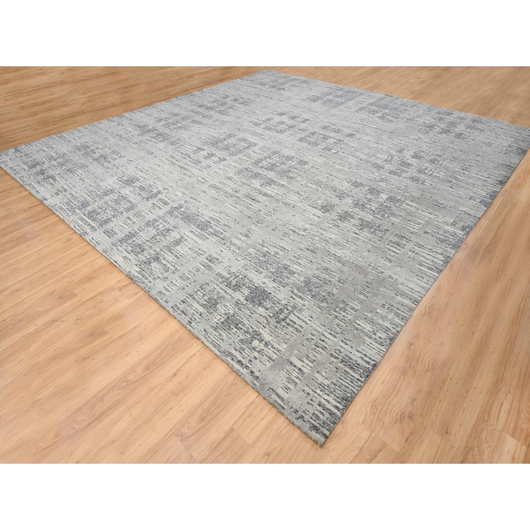 14'x14' Hellgrau, Modernes Design, Natürliche Wolle, Handgeknüpfter Quadratischer Teppich (Indisch) im Angebot