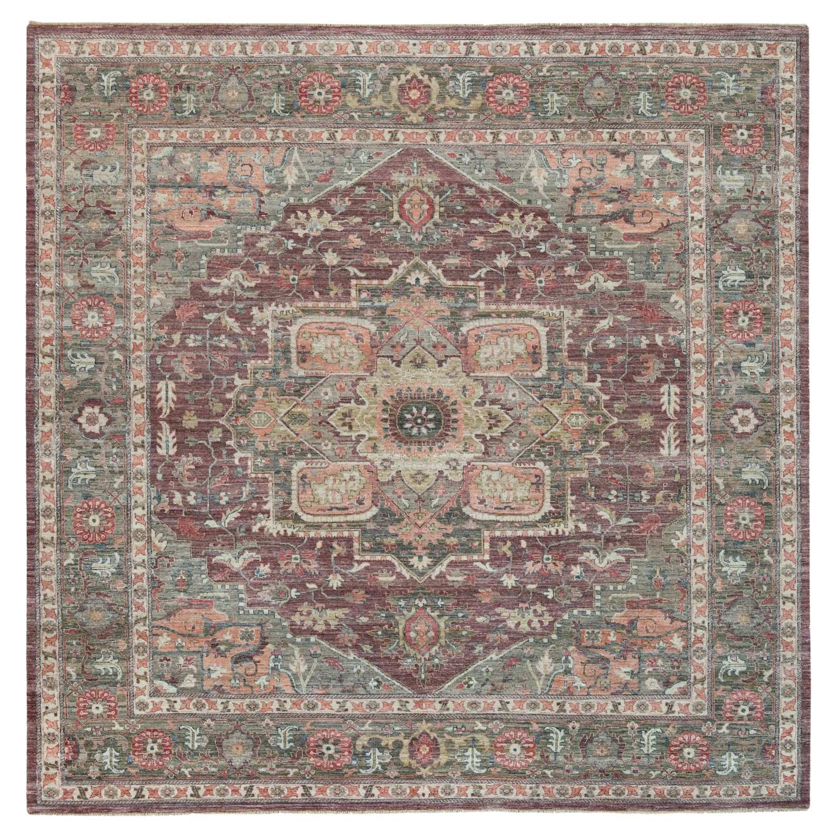 14'x14' Mahogany Red Heriz Revival Hand Knotted Soft Pile Square Oriental Rug