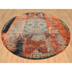 14'x14' Orange, Hand Knotted, Ancient Ottoman Erased Design, Wool Round Rug