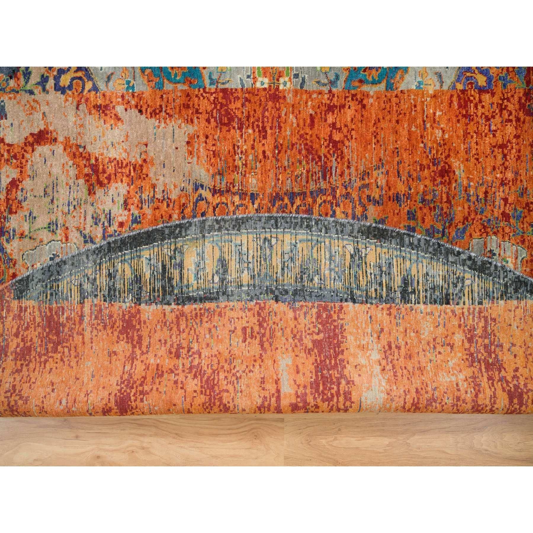 14'x14' Naranja, Anudada a Mano, Diseño Antiguo Otomano Borrado, Alfombra Redonda de Lana Indio en venta