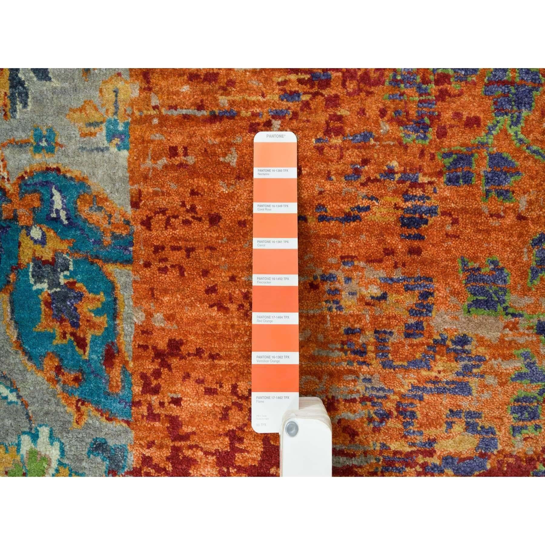 14'x14' Naranja, Anudada a Mano, Diseño Antiguo Otomano Borrado, Alfombra Redonda de Lana Siglo XXI y contemporáneo en venta