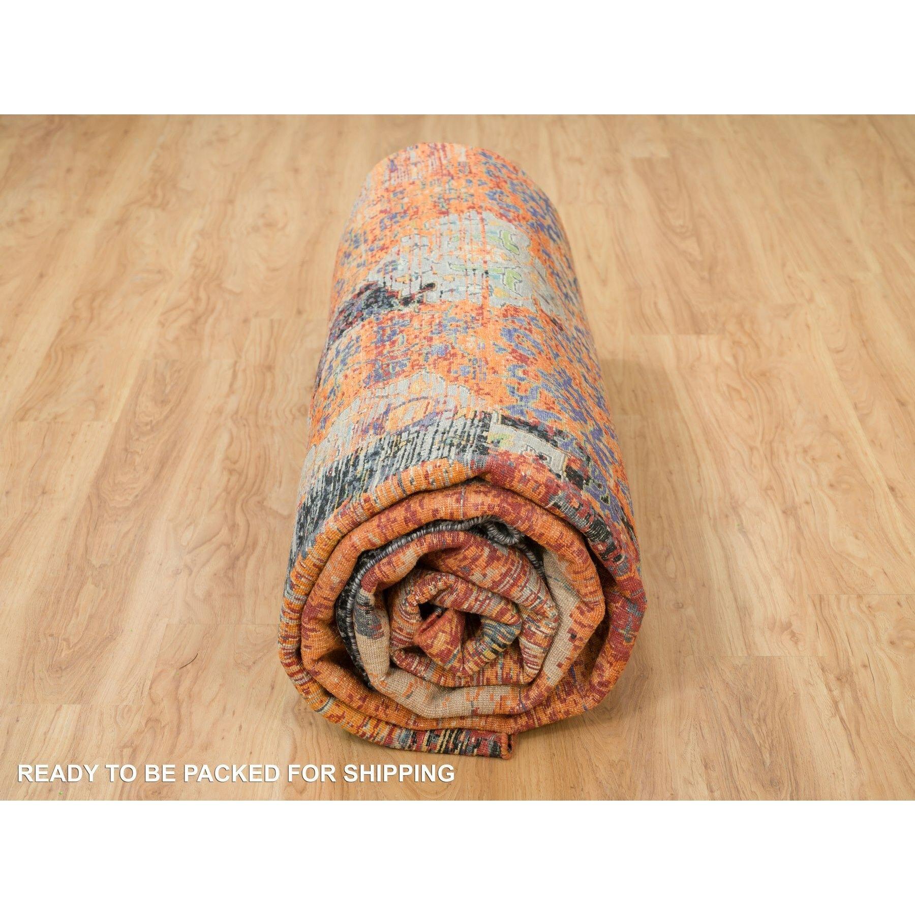 14'x14' Naranja, Anudada a Mano, Diseño Antiguo Otomano Borrado, Alfombra Redonda de Lana en venta 2