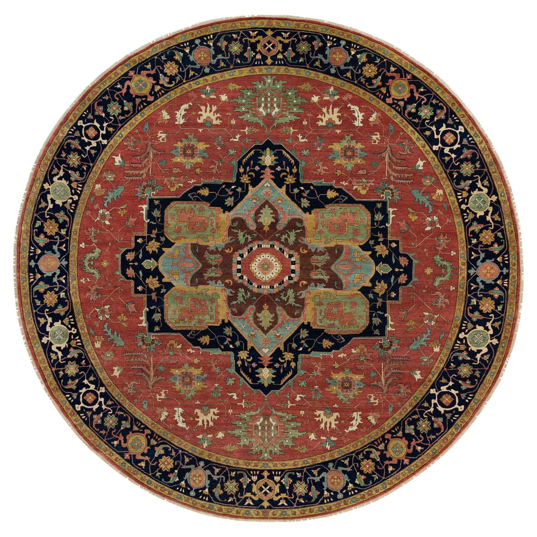 14'x14' Sangria Red Antiqued Extra Soft Wool Heriz Hand Knotted Round Rugs