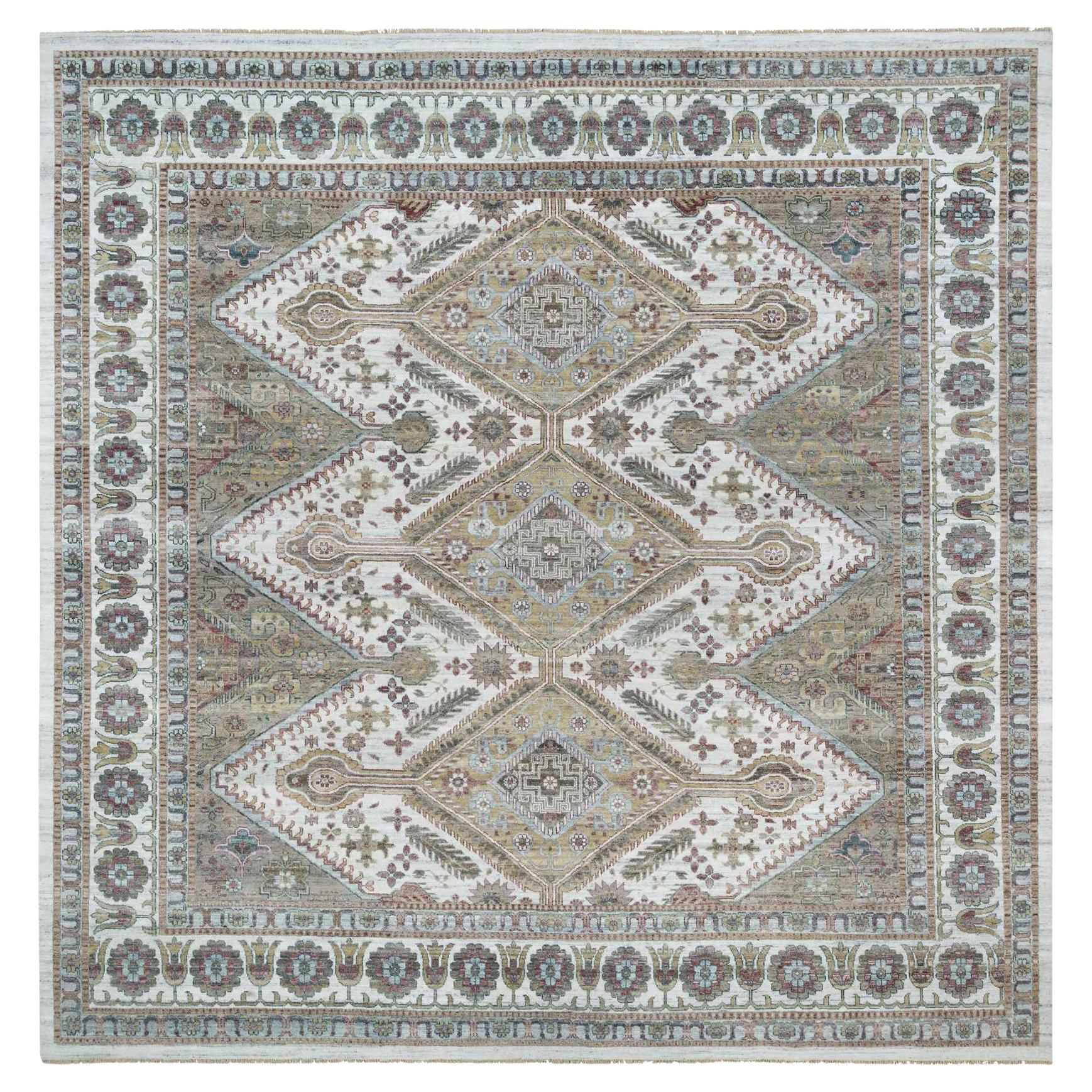 14'x14' Smoky White Hand Knotted Unique Flower Rosettes Border Square Rug