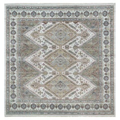 14'x14' Smoky White annodato a mano Tappeto quadrato con bordo a rosette di fiori unici