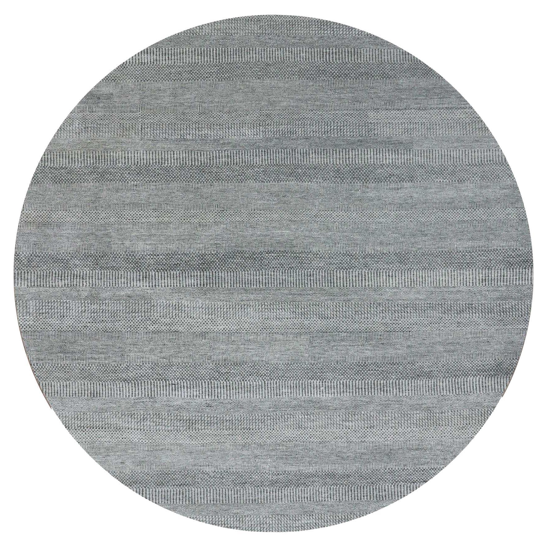 14'x14' Alfombra anudada a mano redonda de lana con diseño moderno de hierba en tono sobre tono gris web