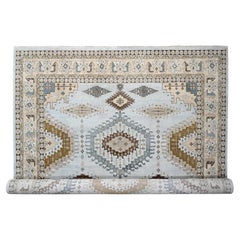 14'x17'10" Laine grise nouée à la main Tapis d'inspiration persane à motifs d'éléments géométriques