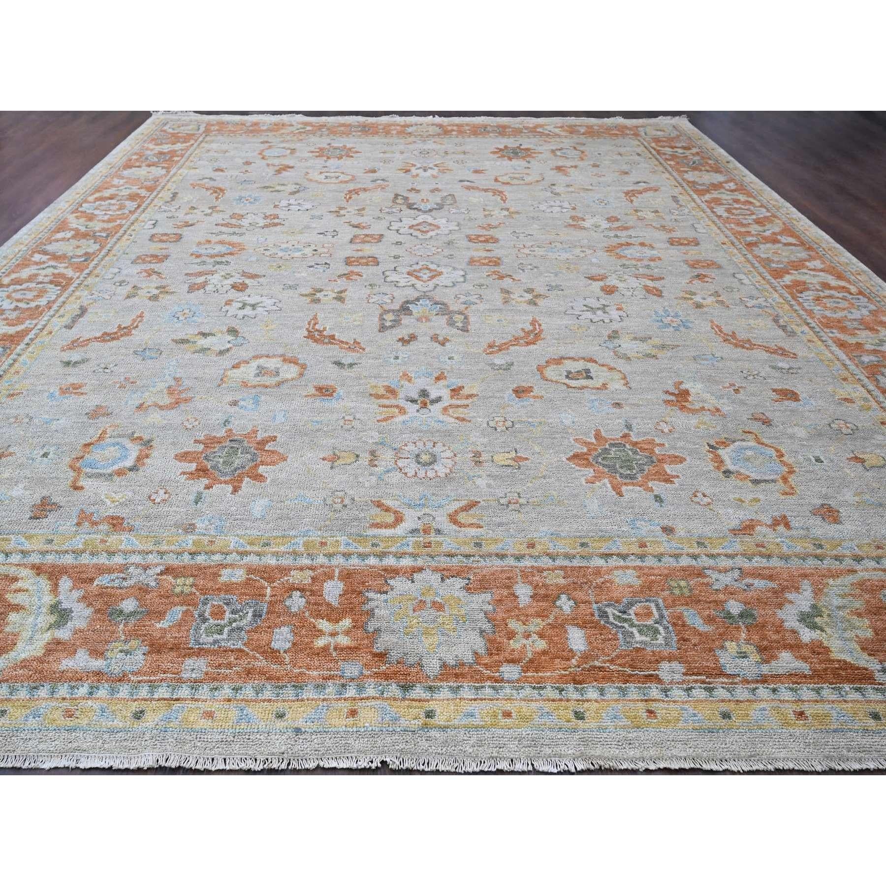 Light Gray, Oushak Design, Supple Collection Thick and Plush, Soft Wool Hand Knotted, Oversized Oriental Rug
Primary materials: Wool
Latex: No Pile 
height: 0.25 Inches
Style: Transitional
Primary color: Grey
Secondary colors: Yellow, Orange, Light