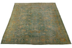 14x19 Antique Turkish Oushak Rug  Muted Seafoam & Ochre Palace Size