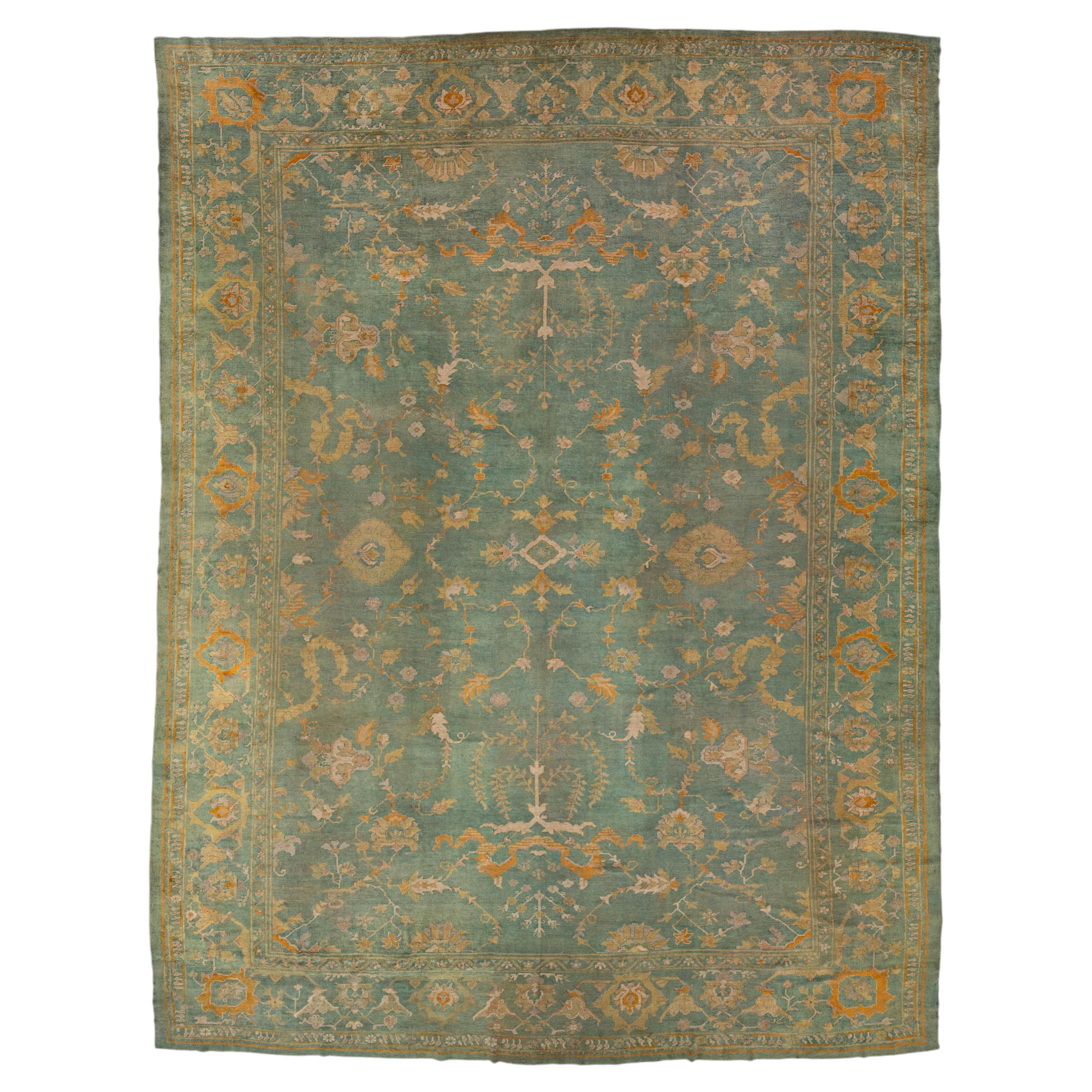 14x19 Antique Turkish Oushak Rug  Muted Seafoam & Ochre Palace Size